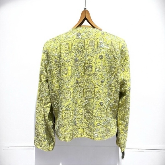 🌻Chicos Green Silk Silver Metallic Sequins Embroidered Open Front Jacket Blazer - Picture 6 of 8